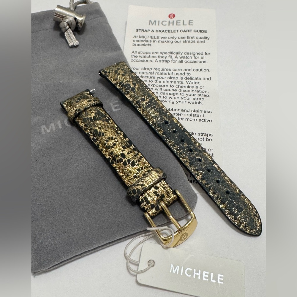 NEW wTags Michele 16MM Black Leather Gold Lace Watch Band